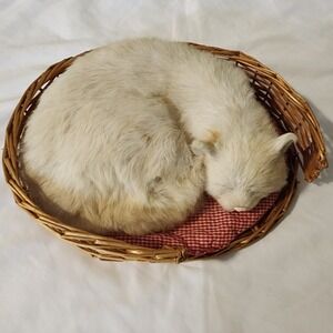 Realistic White Sleeping Cat in Basket Figurine Soft Real Feel Fur. SEE PHOTOS
